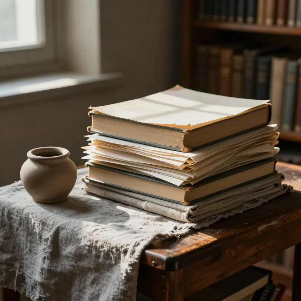 Closed art-history books, archival sleeves and a clay paperweight in a warm reading room.