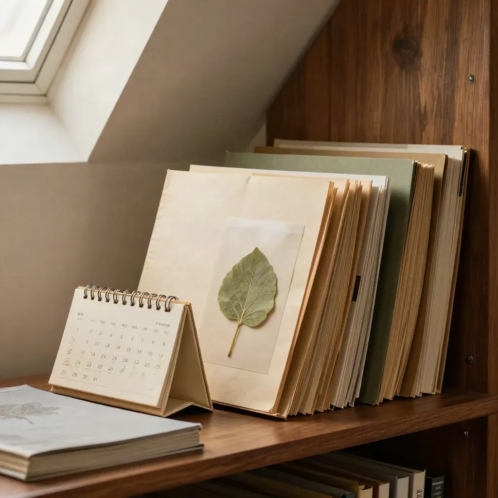 Archive folders, pocket calendar and pressed plant sample on a walnut shelf in soft museum light.