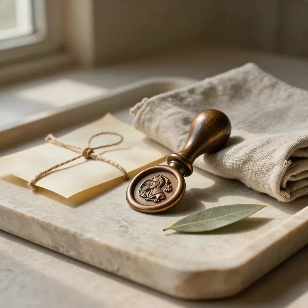 Wax seal matrix beside a tied parchment packet, linen wrap and olive leaf on a stone tray.