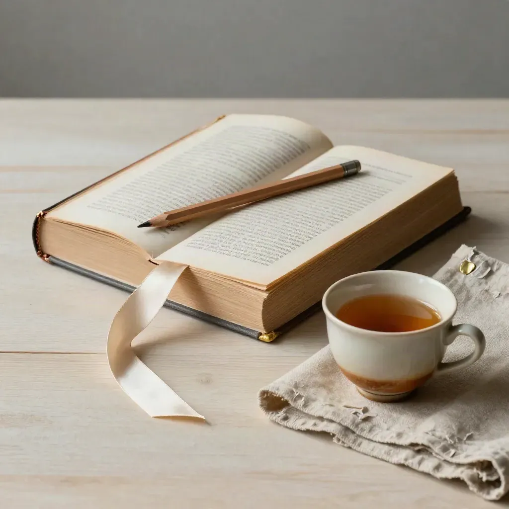 Art-history books, ribbon, pencil stub and cream cup on pale wood in soft light.
