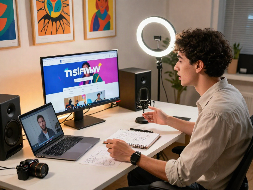 Creative professional discussing strategies for nsfw content in a modern workspace
